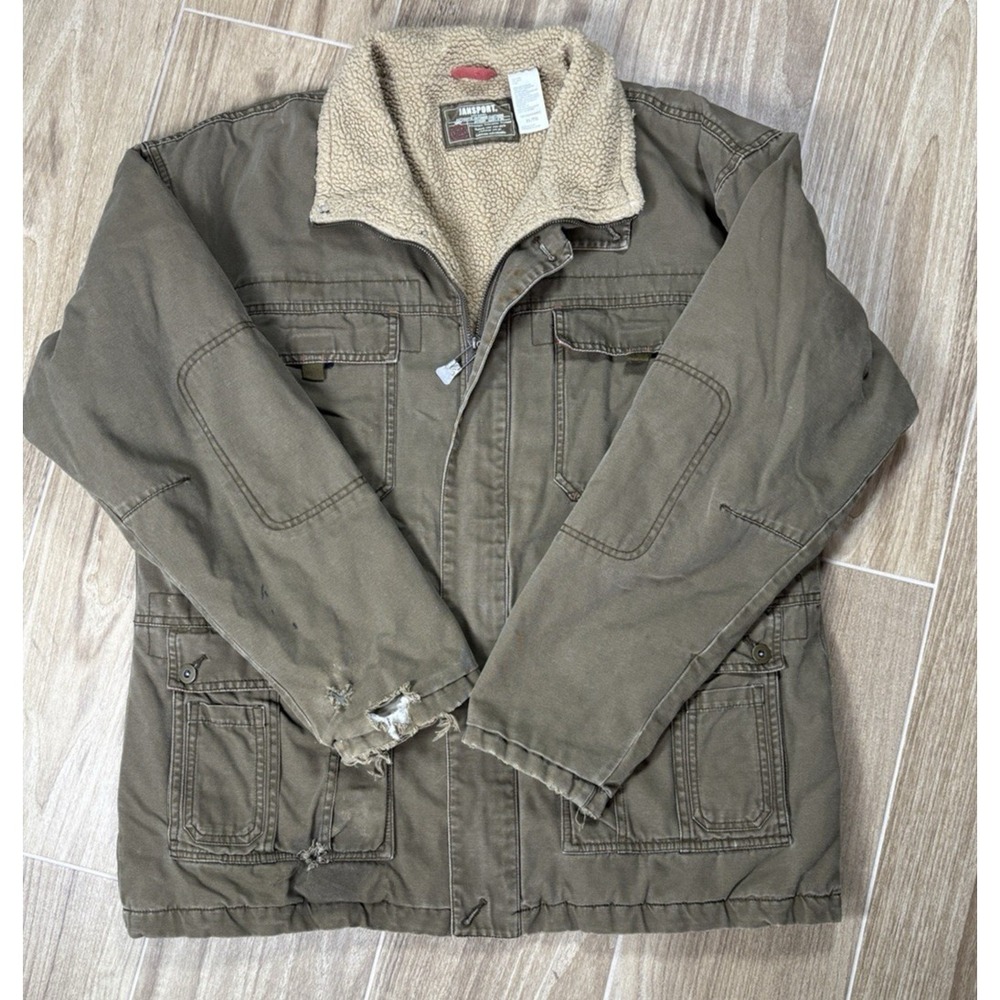 Vtg Jansport Canvas Chore Work Coat Jacket XL‎ Sherpa Lined Heavily Distressed